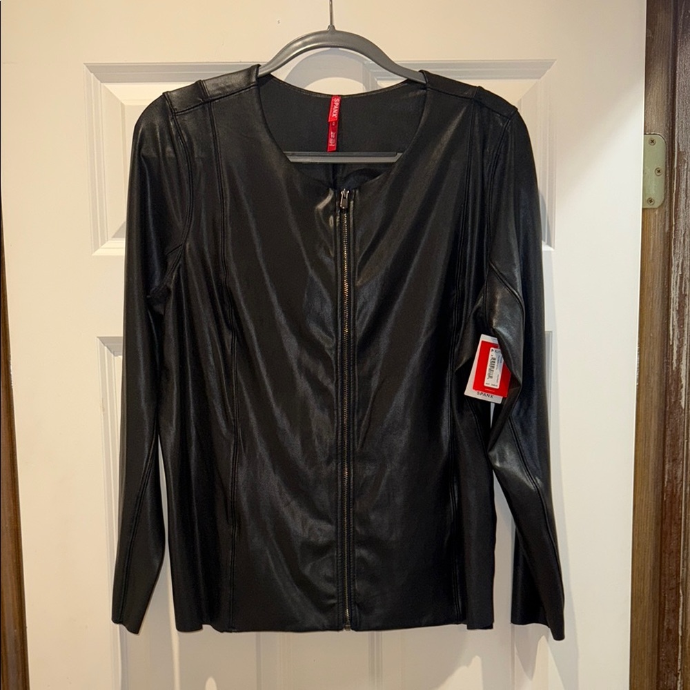 SPANX Black Leather Jacket V-Neck Matte Finish